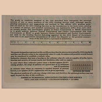 Задняя сторона сертификата ANACS (Тип 4.2) - Миниатюра