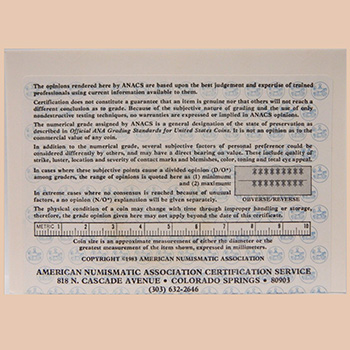 Задняя сторона сертификата ANACS (Тип 6) - Миниатюра