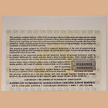 Задняя сторона сертификата ANACS (Тип 7) - Миниатюра