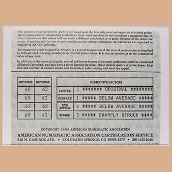 Задняя сторона сертификата ANACS (Тип 9) - Миниатюра