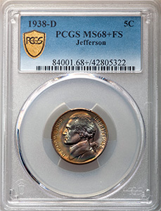 Пять центов - Джефферсон Никель - 1938-D MS68 Full Steps PCGS - Слаб - Миниатюра