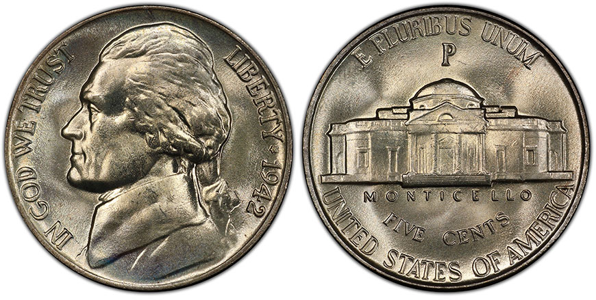 Пять центов - Джефферсон Никель - 1942-P Type 2 - MS68 PCGS - Миниатюра
