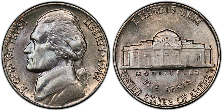 Пять центов - Джефферсон Никель - 1942 Type 1 - MS67 PCGS - Миниатюра