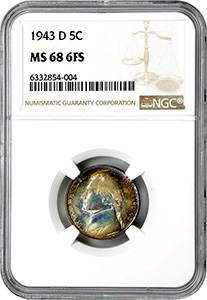 Пять центов - Джефферсон Никель - 1943-D MS68 6FS NGC - Слаб - Миниатюра