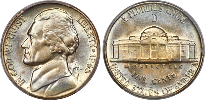 Пять центов - Джефферсон Никель - 1943-D Full Steps - MS68 PCGS - Рекорд продаж