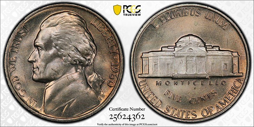 Пять центов - Джефферсон Никель - 1960 - MS65FS PCGS - Рекорд продаж - Миниатюра