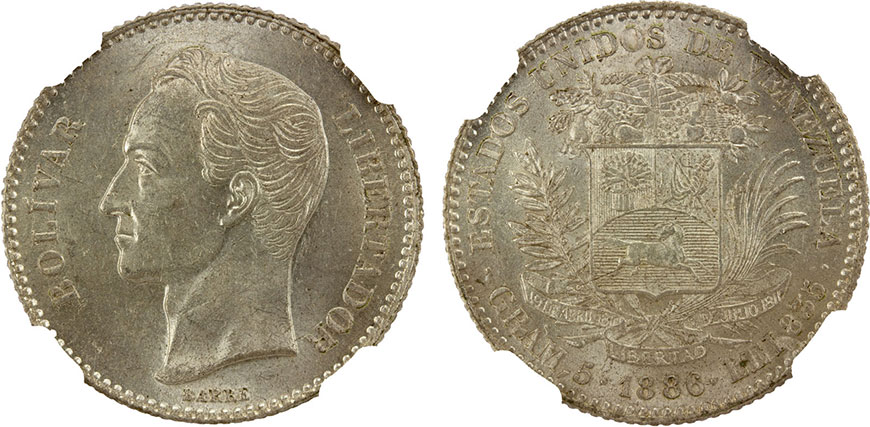 Венесуэла - Боливар 1886 года - NGC MS63 - Миниатюра